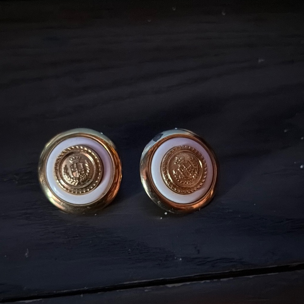 Vintage Liz Claiborne Button Gold White Enamel Crest Post Back Earrings
